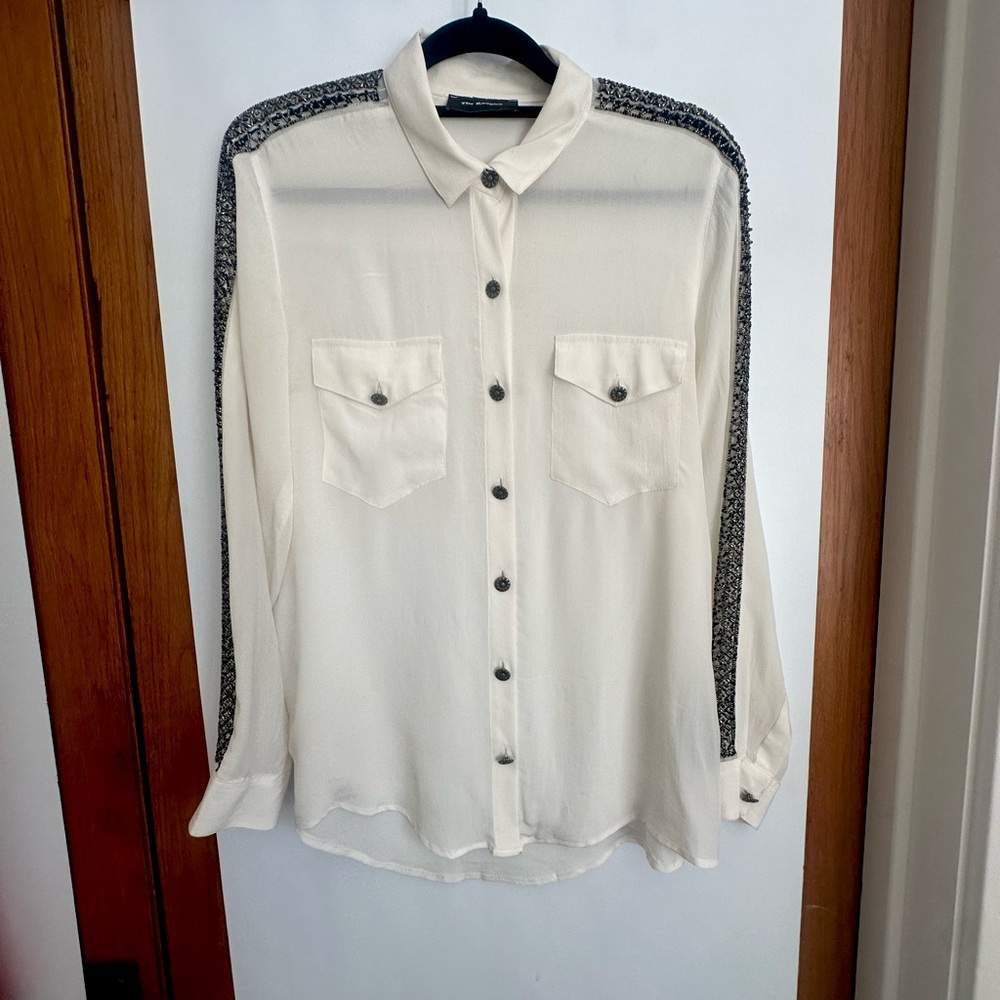 The Kooples! Creamy white crepe shirt, elegant and intricate beaded detail.
